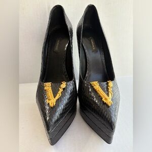 Versace Black Python Snakeskin Playform High Heel Pointy Stiletto Size 41
